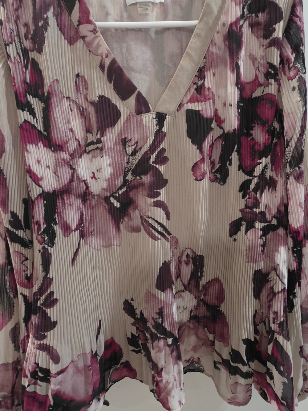 Calvin Klein Taupe Floral Pleated V-Neck Blouse with Plum Accents - Picture 4 of 11